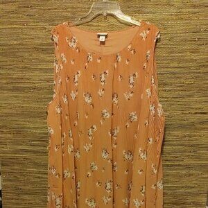 🌸 AVAVIV Peach Floral Dress 2X | Pinch Pleats, Chiffon Feel